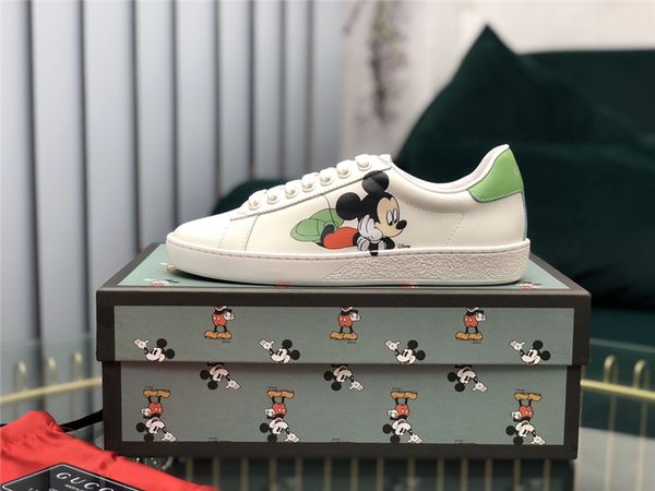 

G7A горячая GUCCI GG Микки Маус холст обувь печатных зашнуровать мужчины и женщины белые туфли пара моделей модные туфли роскошные