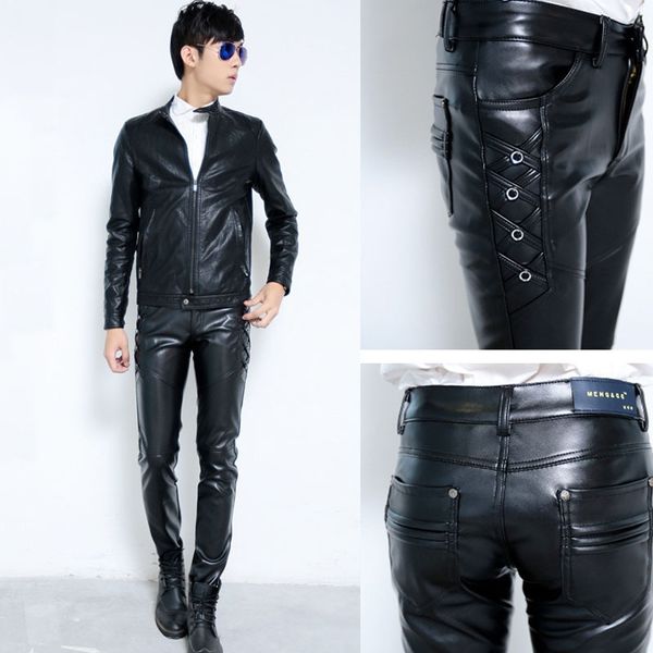 

men's pants in the autumn of 2021 thickening leather cultivate one's morality foot trousers fashion pu, Black