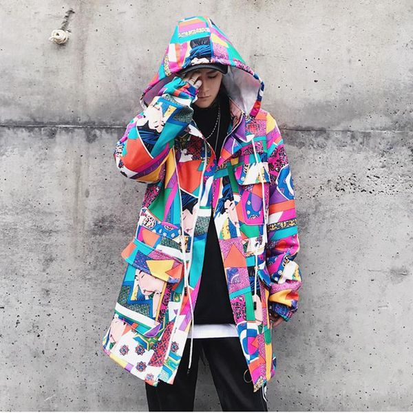 

long trench coat men streetwear geisha printed hooded high street clothing, Black;brown