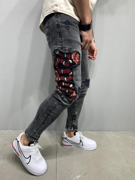 

black stoned snake patched streetwear denim jeans, Blue