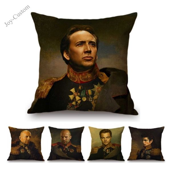 

neoclassic movie stars in general costume oil painting decorative chair throw pillow linen celebrity face replace cushion cover