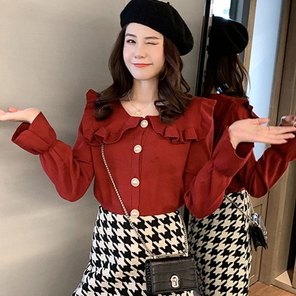 

new women casual solid color doll collar vintage long sleeve loose cardigan warm long knit sweater, White