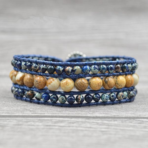 

new design handmade boho bangle bracelet emperor stone cuff leather wrap bracelet bohemian weaving stone multilayer bracelet jewelry, Black