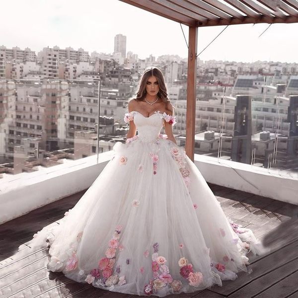 2020 Beautiful Off The Shoulder Princess Long Weeding Dresses Engagement Dresses A Line Hand Made Flowers Tulle Brides Dresses Plus Size Wedding