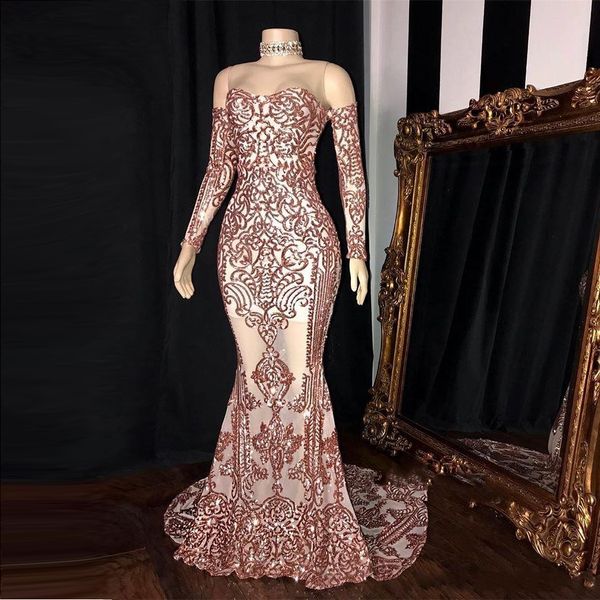 

2020 sparkly rose gold sequins mermaid prom dresses deep off-the-shoulder long sleeves reflective evening gowns robes de soirée robes, Black