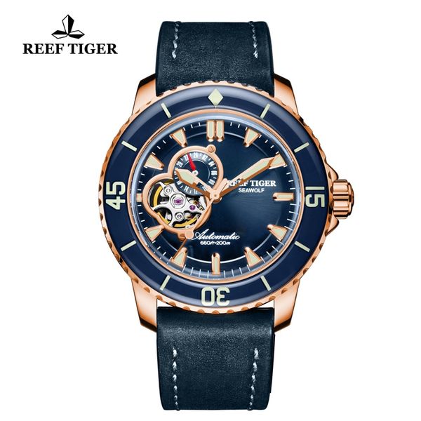 

reef tiger/rt dive watch rose gold leather strap sport watch with date super luminous skeleton automatic watches rga3039, Slivery;brown