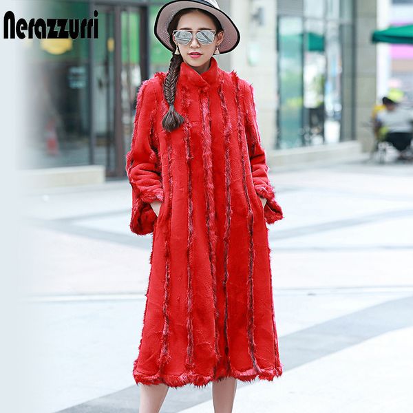 

nerazzurri long faux fur clothing striped color block fake coats for women large size winter plus size outerwear 5xl, Black