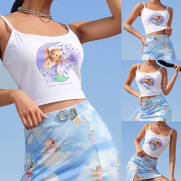 

feitong 2019 summer women letter print overlap cross sling crop tank vest, White