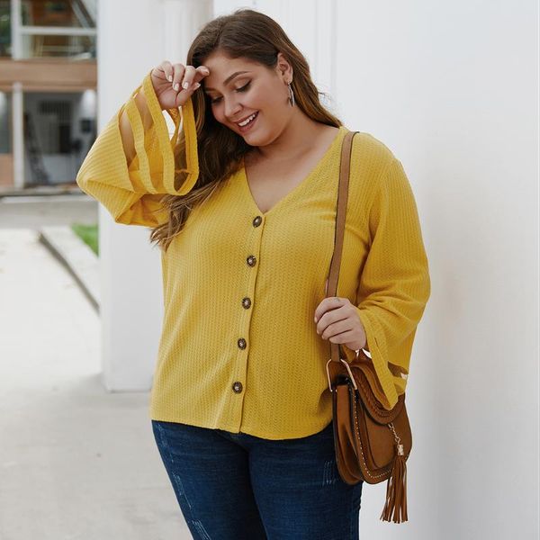 

2020 spring plus size women's knitwear fashion deep v-neck lotus leaf sleeve single-breasted black mesh yarn ladies casual, White;black