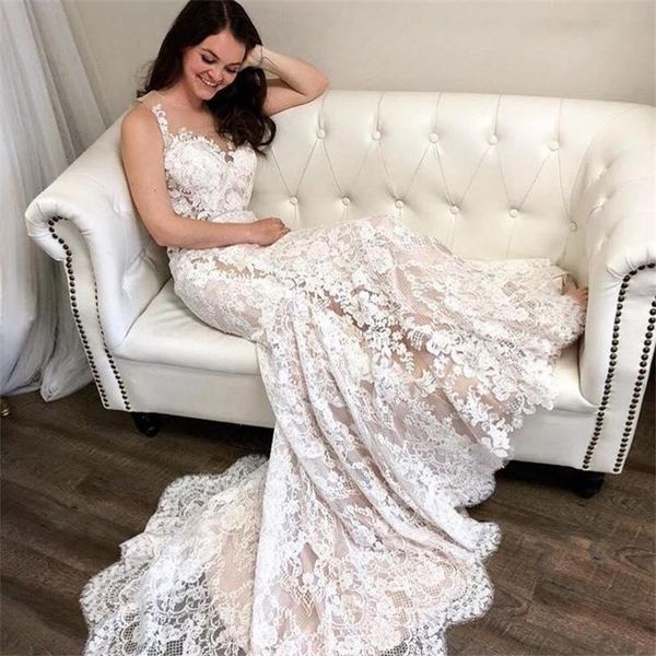 Elegante 2020 Meerjungfrau Brautkleider Sheer Neck Spitze Applizierte Brautkleider Trompete Plus Size Tüll Brautkleid günstig