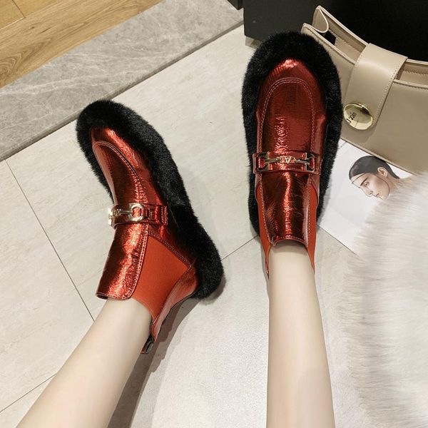 

winter fur boots shiny ankle boots women furry fur short ladies fashion metal buckle decoration winter women shoes, Black