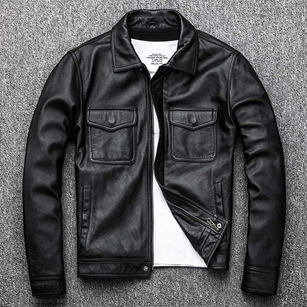 

genuine men's vintage amekaji style with pockets brown black cow leather coat for men american casual jacket