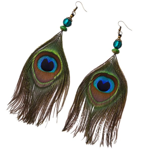 

ladies long earrings handmade artificial feather earrings vintage boho ethnic style glass feather, Golden;silver