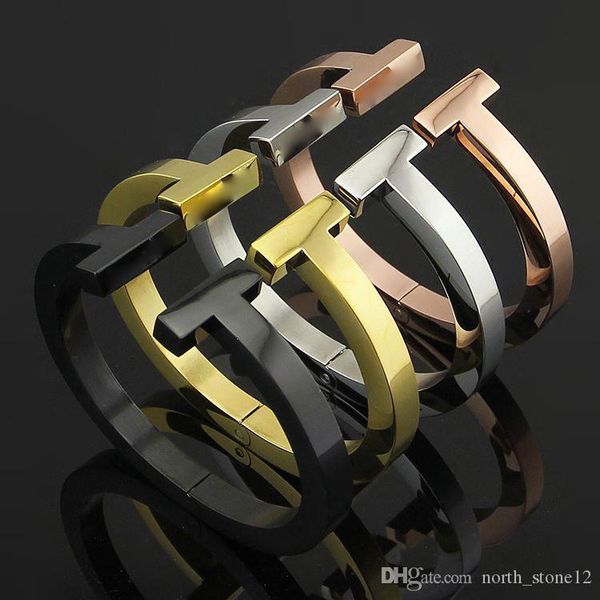 

new jewelry stainless steel 18k rose gold double t bangle & bracelets cuffs open silver jewelry love bracelets women's gifts, Black