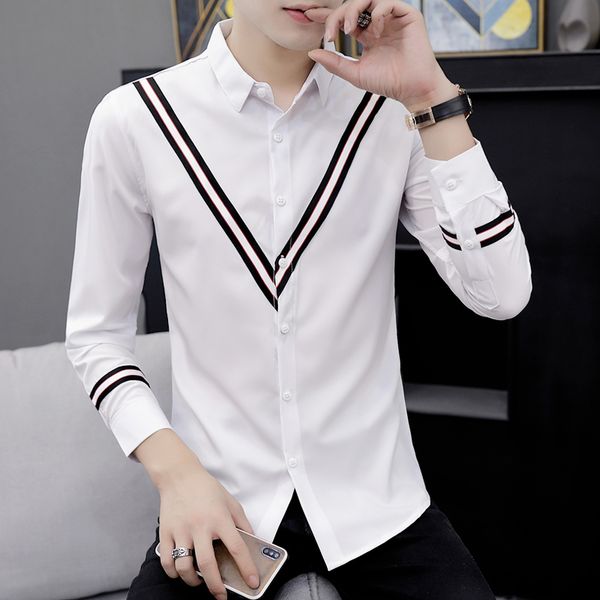 

2020 men's color matching cool handsome long-sleeved shirt youth fashion v-shaped double striped shirt, White;black