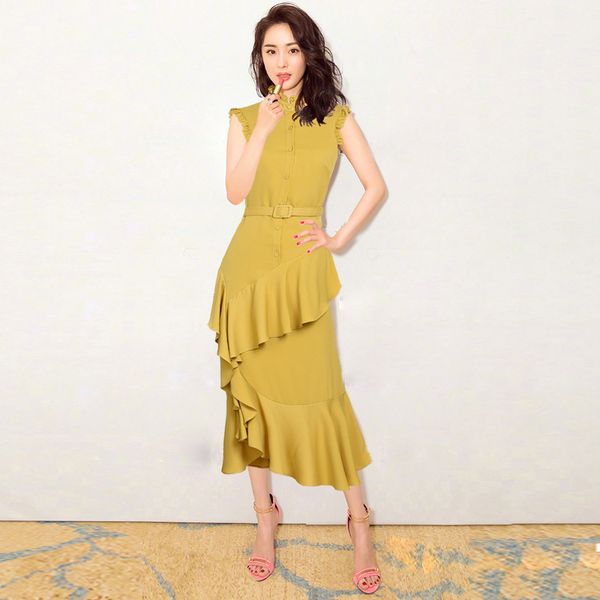 

milan runway dress 2020 spring summer ruffled sleeveless panelled designer dress brand same style dress 0307-12, Black