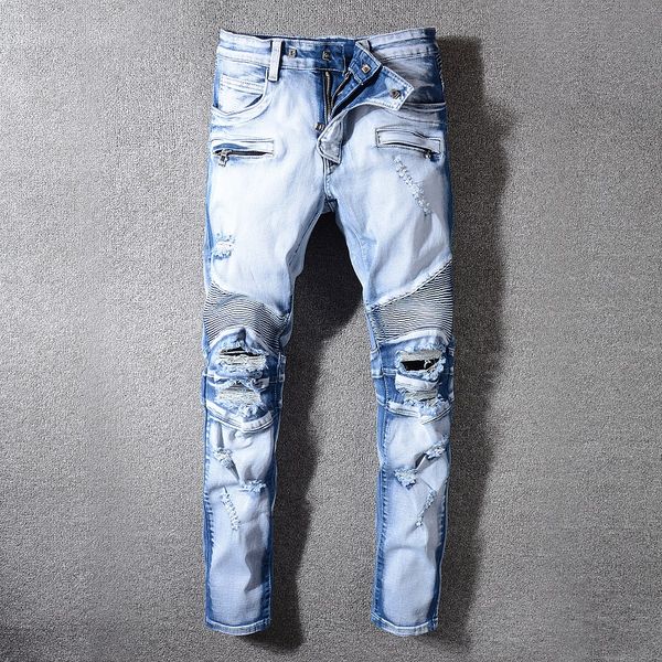 

2020ss new fashion casual brand men's design casual blue slim fold design jeans man's moto hole jeans pants trousers 29-42