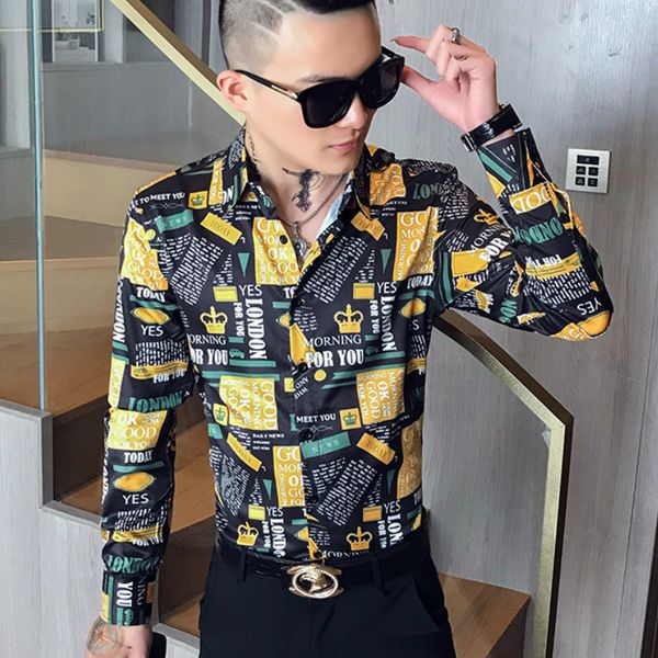 

2020 весна мужские рубашки письмо газета black белой печати рубашку платья мужчин с длинным рукавом повседневная slim fit streetwear социаль, White;black