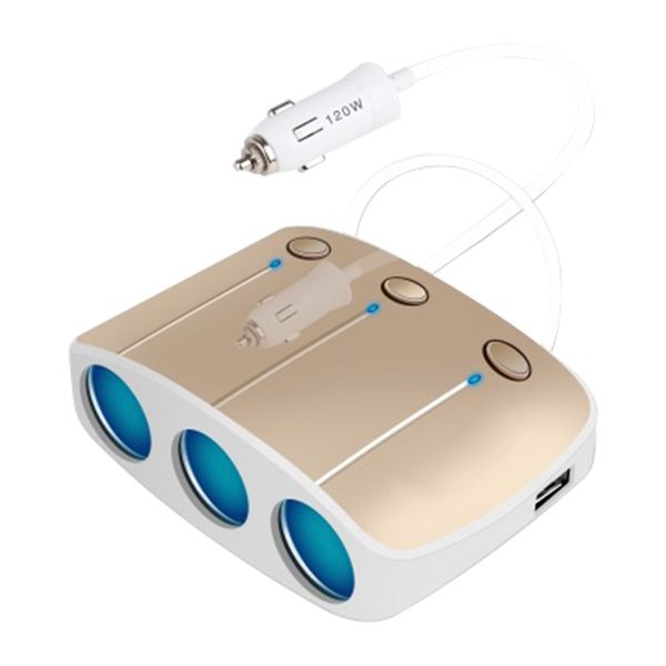 

3 way car usb charger adapter cigarette lighter metal shell independent switch multifunction socket accessories universal