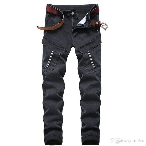 

unique mens big pocket panelled stretch jeans fashion designer vintage straight leg slim fit motocycle scratched biker denim pants jb7912, Blue
