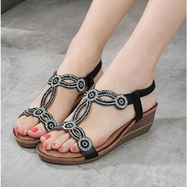 

women summer sandals mid heels wedges shoes woman bohemia plus size shiny crystal deco sandalias mujer sapato feminino d061, Black
