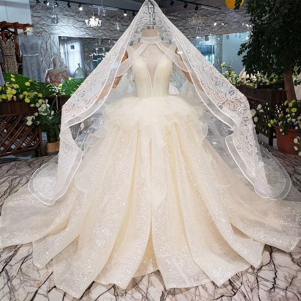 

2019 turkey luxury wedding dresses sleeve backless illusion v neck tassel collar long applique veil cascading ruffles garden bridal gowns, White