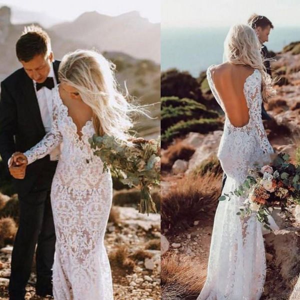 

Cheap Mermaid Boho Wedding Dress Lace Long Sleeves Beach Garden Country Church Bride Bridal Gown Custom Made Plus Size