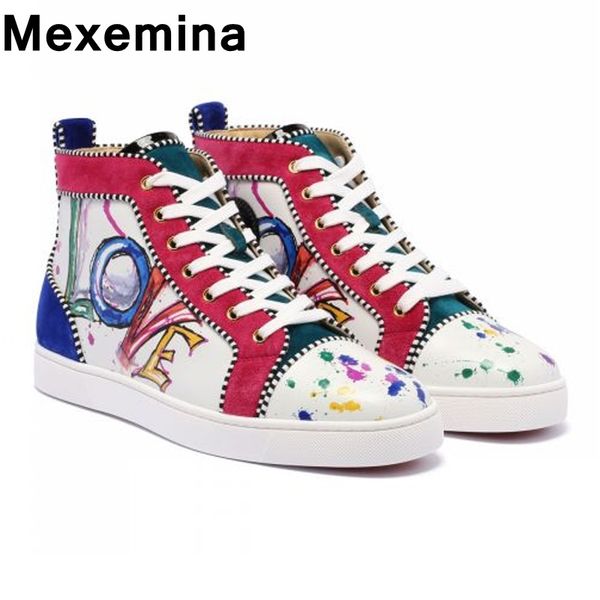 

mexemina new casual sneakers high lace-up graffiti designer mens boots mixed printing platform ankle boots shoes man, Black