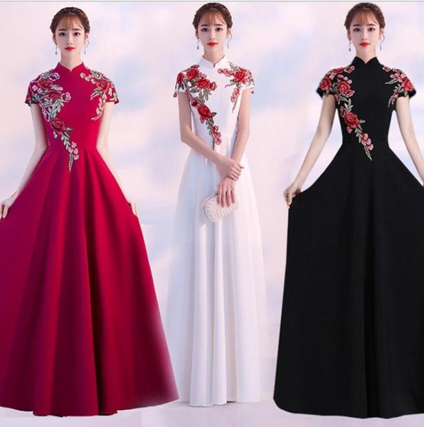 

black satin long qipao long chinese traditional slim retro qi pao women antique dresses oriental perform dress, Black;gray