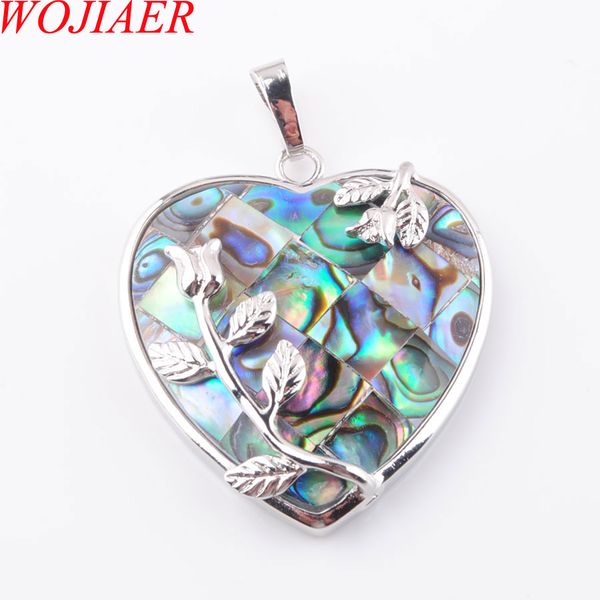 

wojiaer natural new zealand abalone shell gem stone heart beads pendant necklace women jewelry 1pcs dn3643, Silver
