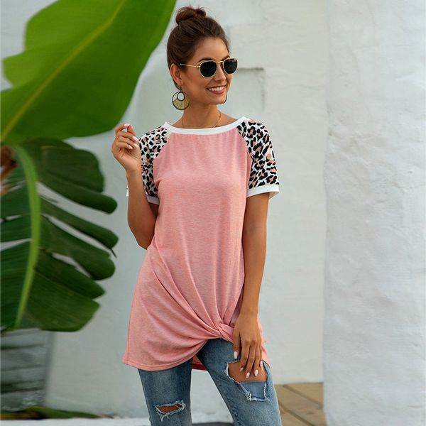 

leopard short sleeve t shirt women tie tee fashion summer loose tee shirts women clothes, White