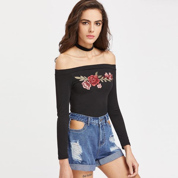 

women's summer slim casual elegant slim embroidery long-sleeved halter t-shirt, White