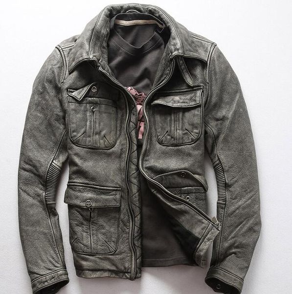 Graue AVFLY-Herrenjacken zu verkaufen Vintage-Lederjacke mit Reverskragen und mehreren Taschen, Motorrad-Herrenlederjacke