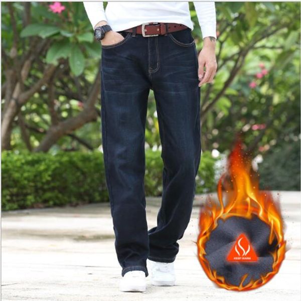

mens quality winter fleece stretch denim straight thicken inside denim jeans warm fleece jeans, Blue