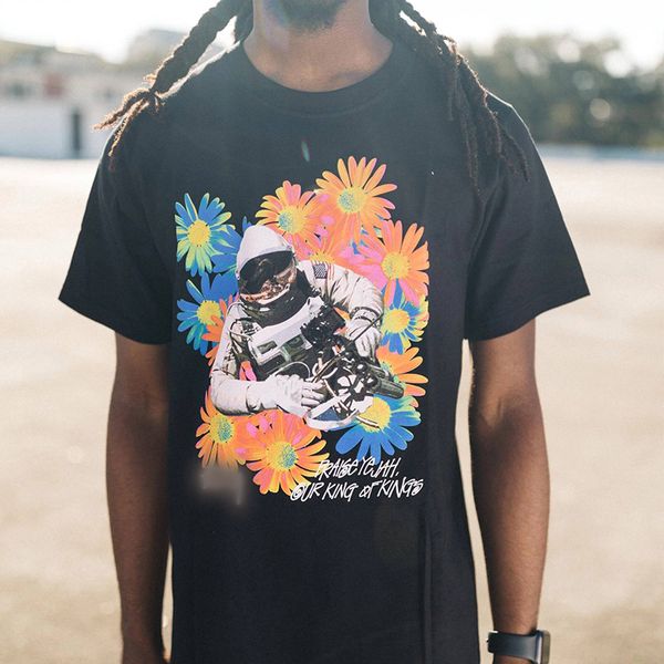 

2020 new brand fashion verified astronaut tee beauty astronaut plant flower print loose short-sleeved womens t-shirt mens bottoming shirt, White