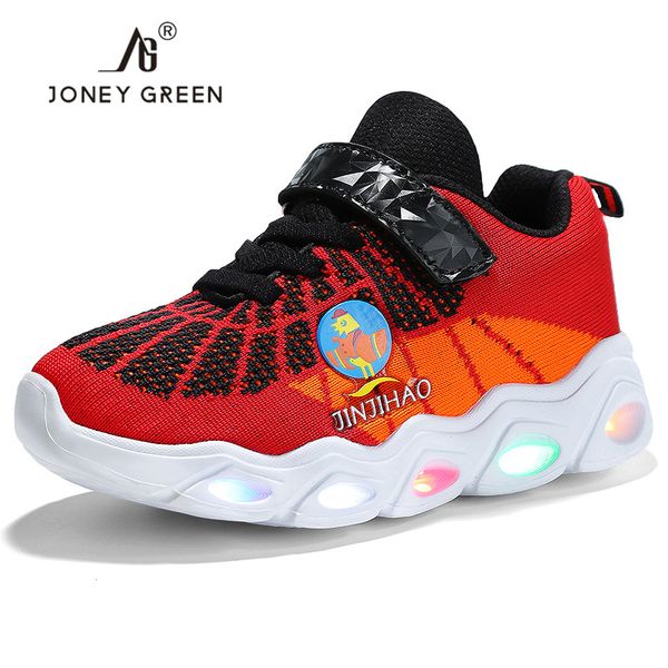 

size 25-35 luminous kids shoes for boys girls teenage summer kids sneakers mesh breathable casual sport running shoes, Black;red