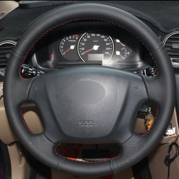 

black natural leather car steering wheel cover for kia carens 2007-2011