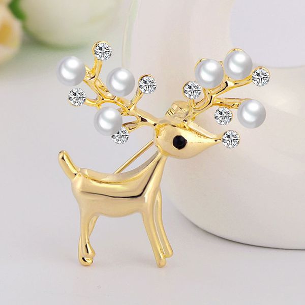 

new classic trendy metal sika deer pearl buckle crystal brooches pins for women jewelry accessories xmas christmas gifts, Gray