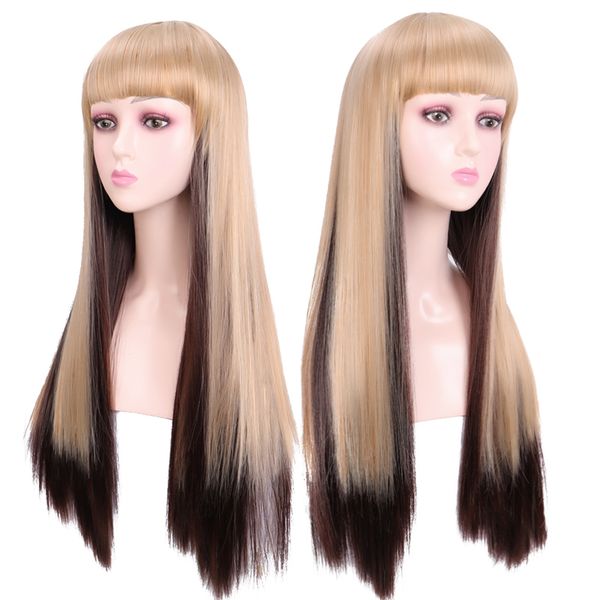 

mumupi long straight synthetic wigs with bangs for afro women ombre blonde brown heat resistant cosplay hair wigs, Black