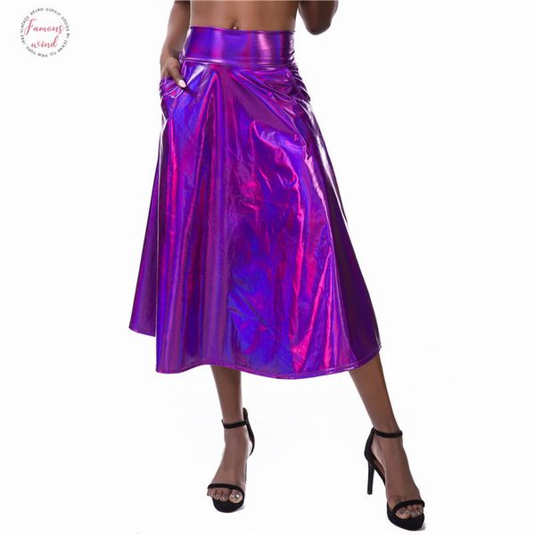 

shiny holographic women mid calf skirts pu laser a line wet look loose skirts with pocket summer party club lady chic skirt, Black