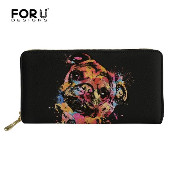 

forudesigns women leather wallets pug dog large capacity zipper travel long purse bags female money bag clutch mobile bag, Red;black