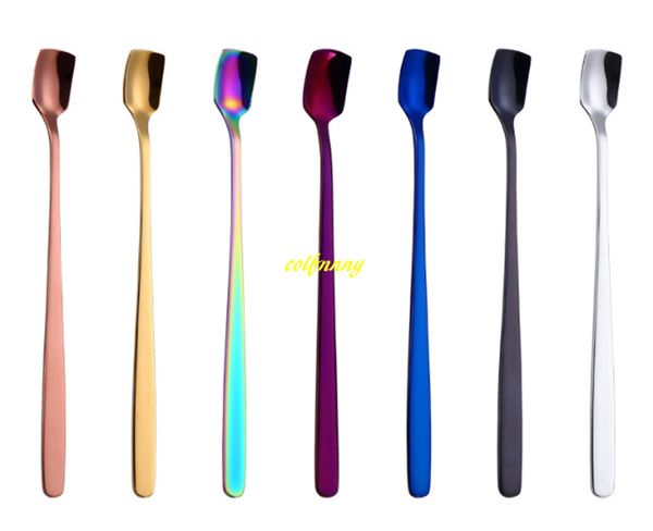 

7pcs/lot 304 stainless steel square head ice spoons mixing spoon dessert 15.3cm long handle scoop cocktail bar tools dinnerware