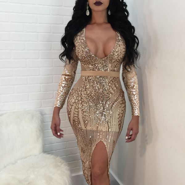 

sequins split womens bodycon dress lace deep v neck long sleeve club party dresses womens clothing, White;black
