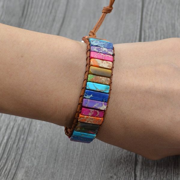 

natural stone handmade multicolor chakra bracelet jewelry beads-tubes single-layer leather wrap bracelet ethnic style, Golden;silver