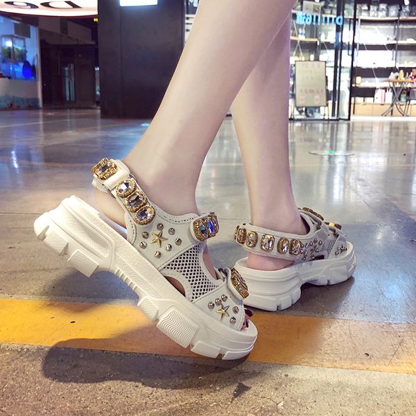 

hollow out open-toed women sandals fashion diamond beads women outdoor wedge shoes women waterproof platform summer shoes 2019, Black