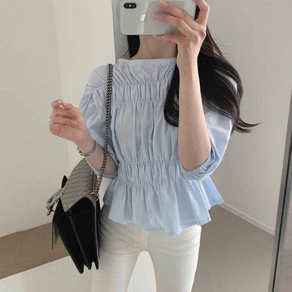 

korea han edition chic summer new fold shirts new pure color round collar woman relaxed joker short-sleeved shirt feminina top, White