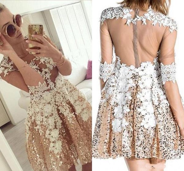 Nuovi abiti da ritorno a casa con paillettes a seque a buon mercato in oro, appliques in pizzo illusione Sheer Zipper Back Short Party Graduation Code