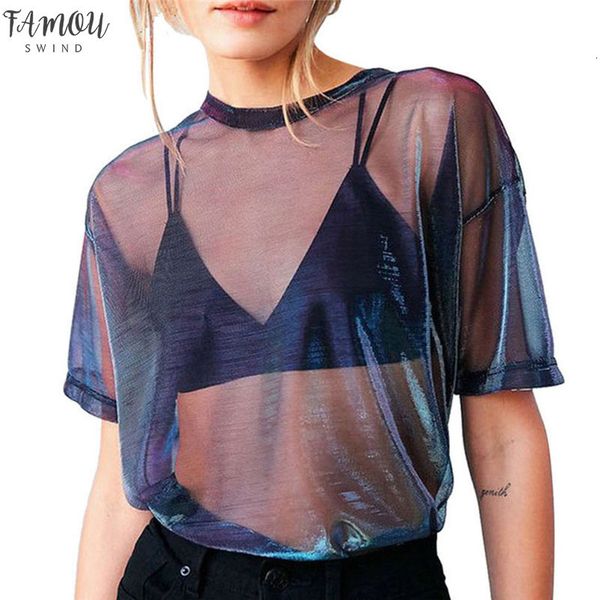 

summer sexy mesh тенниска женщин с коротким рукавом рубашки crew neck женщин сыпучие прозрачные тис топы hollow футболка, White