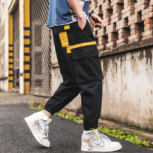 

summer fashion joggers pants men casual leisure loose fit big pocket cargo pants slack bottom streetwear hip hop harem, Black