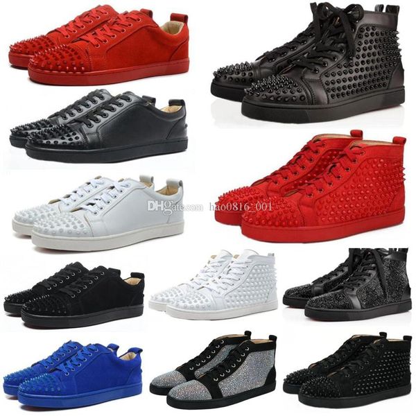 

new 2020 designer sneakers red bottom shoe low cut suede spike luxury shoes for men and women shoes party wedding leather sneakers, Black